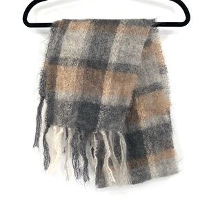 MOLLY ROBERTS & CO Mohair Wool Plaid Scarf Fringe Accessory Neutral Warm Winter